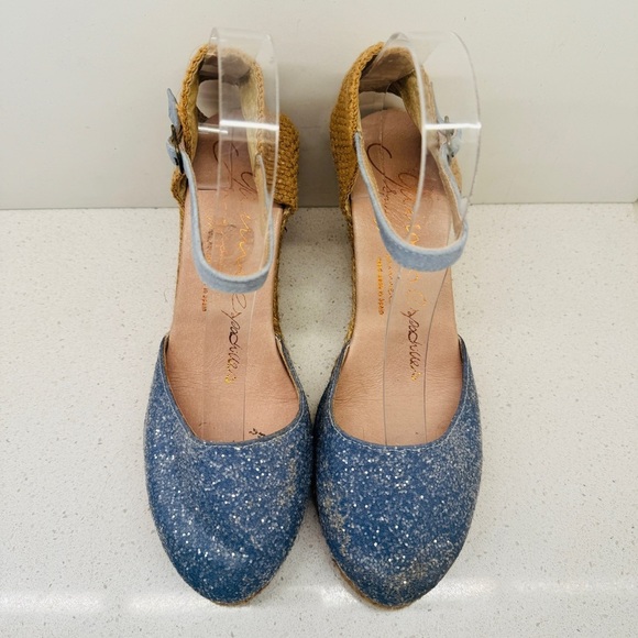 Gaimo Espadrille Wedge Leather Blue Sparkle Ankle Strap Heel Sandals Spain Sz 40 - Picture 8 of 15